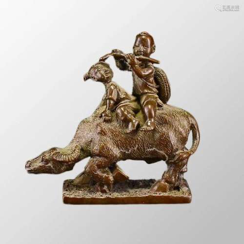 Chinese Bronze Ox & Kids Statue