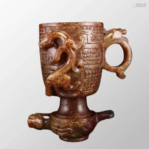 Old Chinese Hetian Jade Dragon Phoenix Cup
