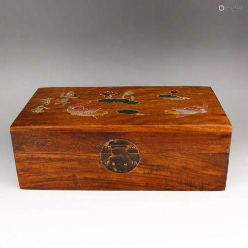 Vintage Chinese Zitan Wood Inlay Shell & Gem Jewelry Box