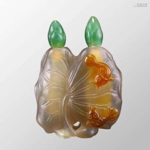 Chinese Agate Lotus Leaf & Catfish Conjoined Snuff Bottl...