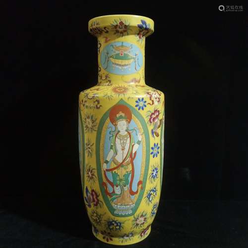 , famille rose medallion guanyin wooden stick bottle, can on...