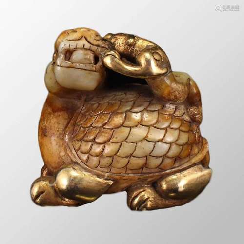Chinese Gilt Gold Hetian Jade Dragon Turtle Statue