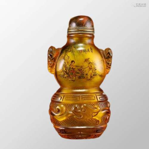 Vintage Chinese Peking Glass Inside Painting Figure Snuff Bo...