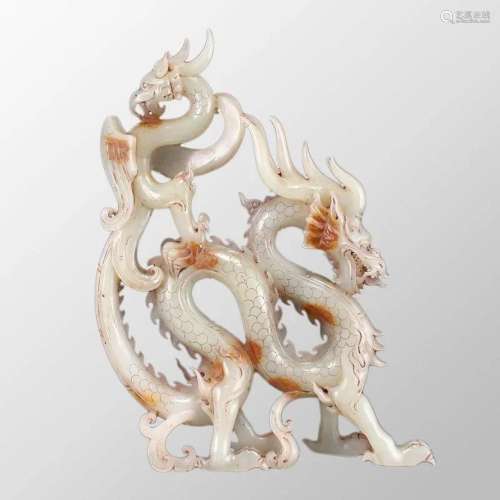 Superb Vintage Chinese Hetian Jade Dragon Phoenix Statue