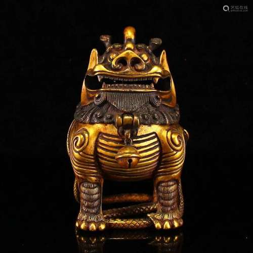 Vintage Chinese Gilt Gold Bronze Lion Incense Burner