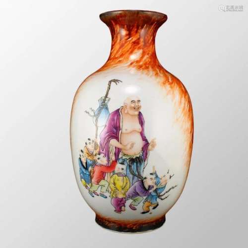 Chinese Iron Red Glaze Figures Design Porcelain Vase w Yongz...