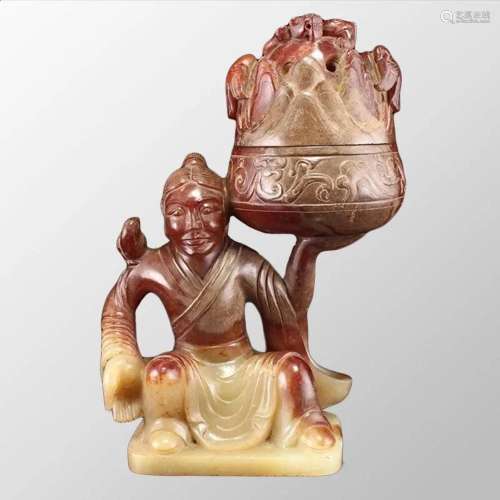 Superb Vintage Chinese Hetian Jade Figure Incense Burner