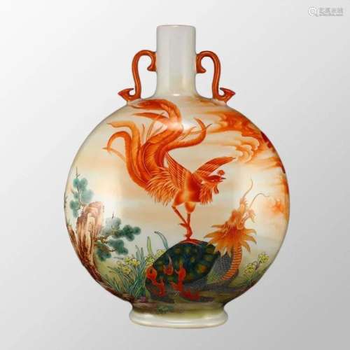 Superb Chinese Gilt Edge Iron Red Glaze Phoenix & Dragon...