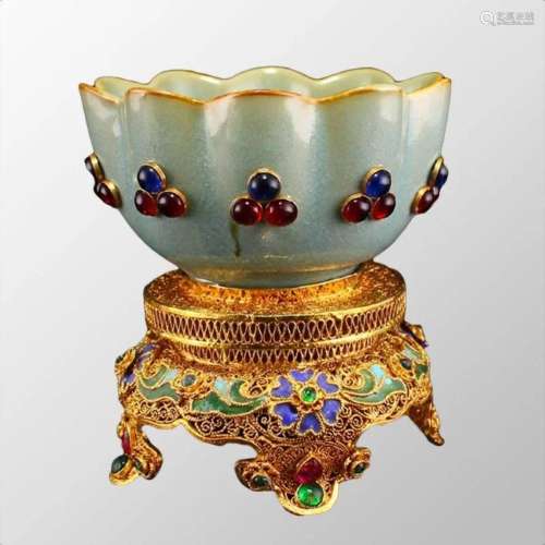 Chinese Ru Klin Porcelain Bowl w Gold Wire Enamel Inlay Ruby...