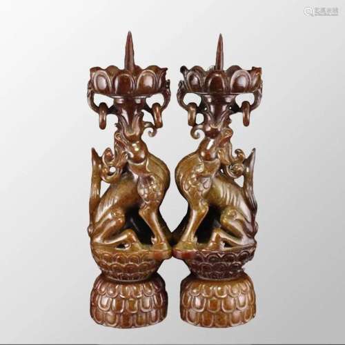 A Pair Superb Vintage Chinese Hetian Jade Kylin Candlestick