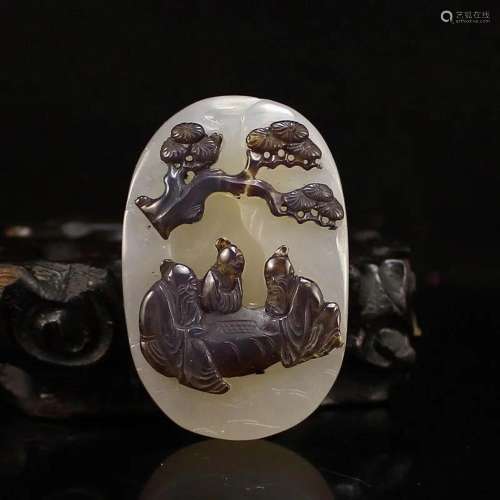 Vintage Chinese Agate Pendant - Playing Chess Old Men