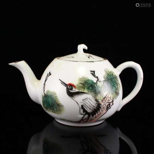 Chinese Famille Rose Crane & Pine Tree Porcelain Teapot