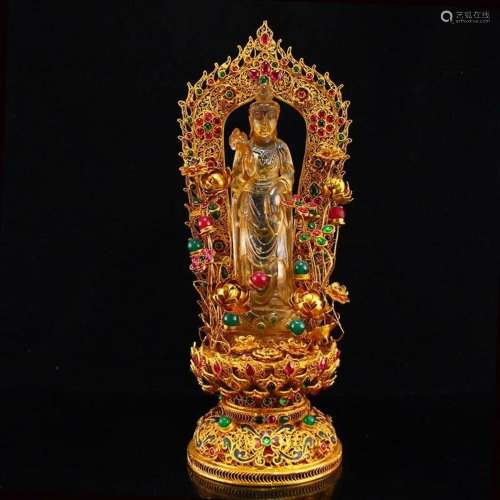 Superb Chinese Crystal Kwan-yin Statue & Gold Wire Ename...