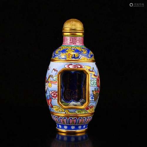 Chinese Gilt Gold Bronze Enamel Turn Heart Snuff Bottle w Qi...