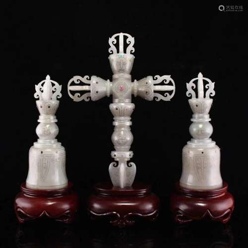A Set Three Superb Chinese Hetian Jade Inlay Silver Wire &am...