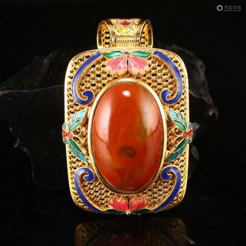 Chinese Gilt Gold Silver Wire Enamel Inlay Zhanguohong Agate...