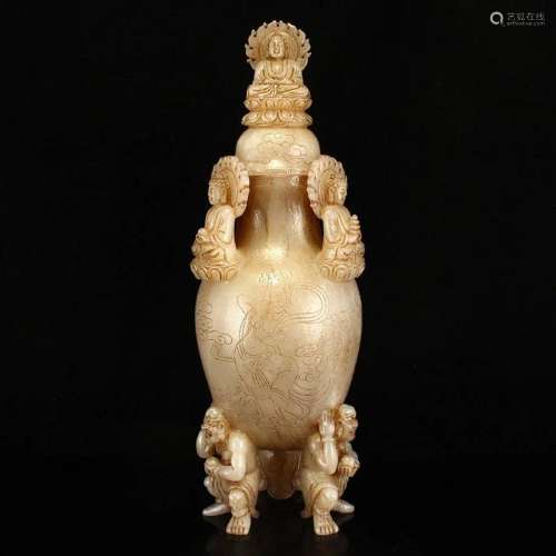 Superb Chinese Qing Dynasty Hetian Jade Buddha & Arhat B...