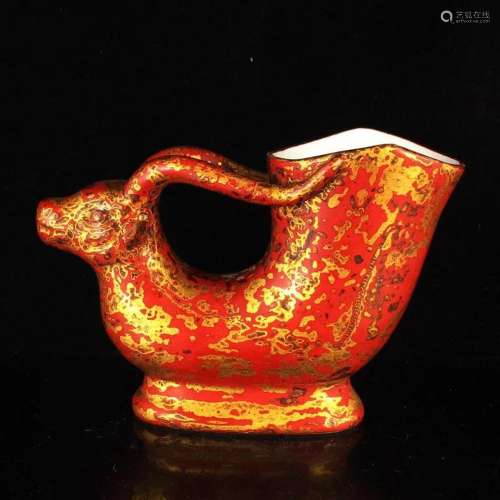 Chinese Gilt Gold Red Glaze Sheep Head Porcelain Wine Cup w ...