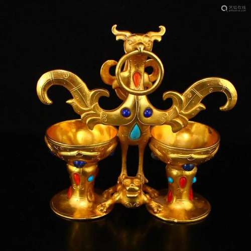 Vintage Chinese Gilt Gold Bronze Inlay Gem Phoenix Oil Lamp
