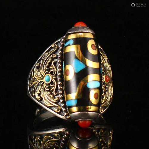 Vintage Silver Inlay Tibetan DZI Agate Ring