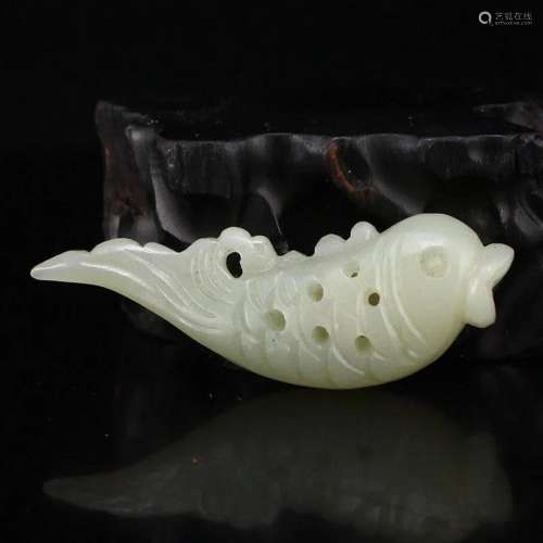 Openwork Chinese Hetian Jade Fish Pendant w Certificate