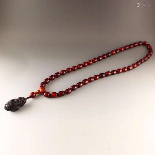 Vintage Ox Horn Beads Necklace & Guangong Pendant