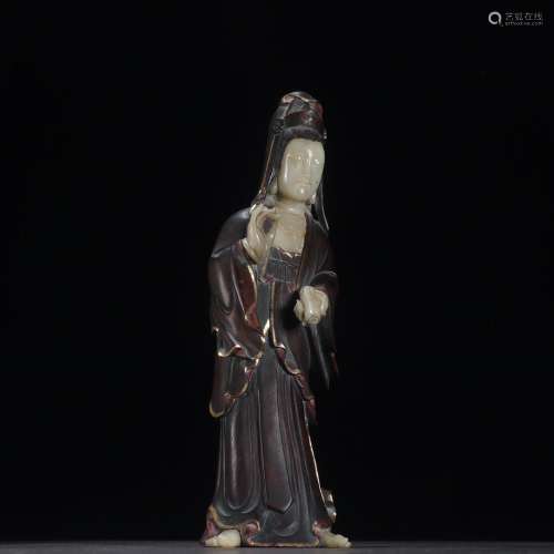 Rosewood inlay shoushan stone through guanyin stands resembl...