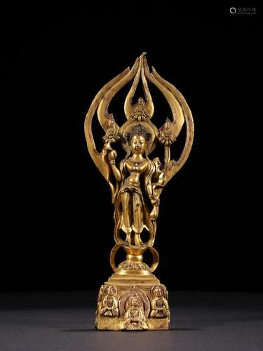 Copper and gold Buddha stands resemble the northern wei.Spec...