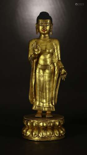 : copper and gold Buddha stands resemble24.5 cm high, 77 cm ...