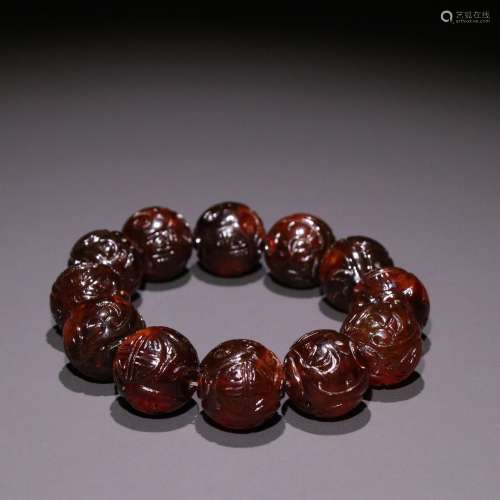 Amber carving group long-lived lines hand round bead stringS...