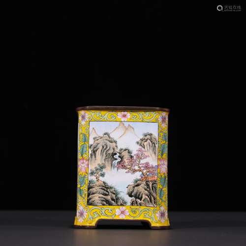 Copper painted enamel landscape painting of flowers and brus...