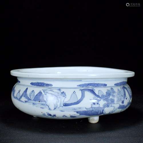 Incense burner, in blue and white, tong jingshan water chara...