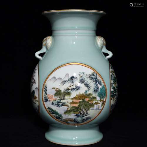 , pea green glaze window pastel landscape pattern trunk, 32....