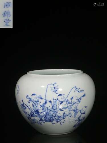 Blue and white child, "jin tong" with hand-painted...