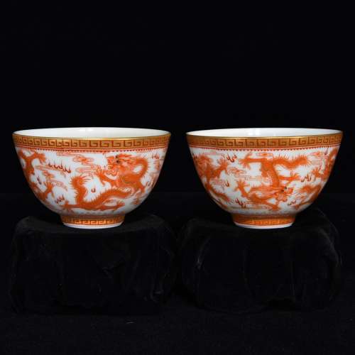 Alum red paint dragon bowl,Size 4.5 * 7.9,