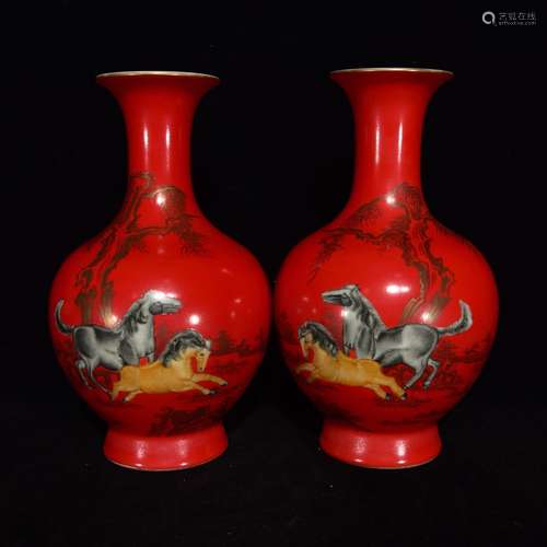 Chili red colored enamel double jun wen bottle,Size of 23 x ...