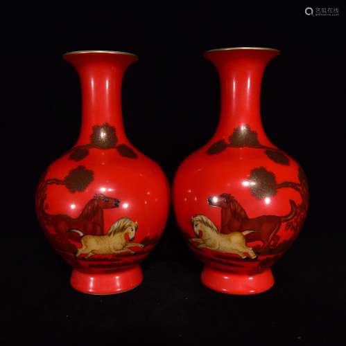 Chili red colored enamel double jun wen bottle,Size of 23 x ...