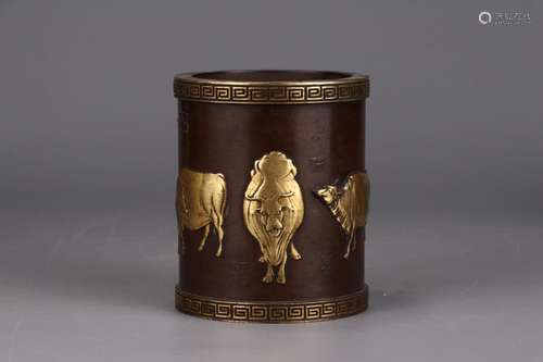 Five NiuTu brush pot, "" copper and goldDiameter o...