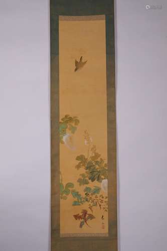 The vertical shaft, painting of flowers and birdsSize: 128 x...