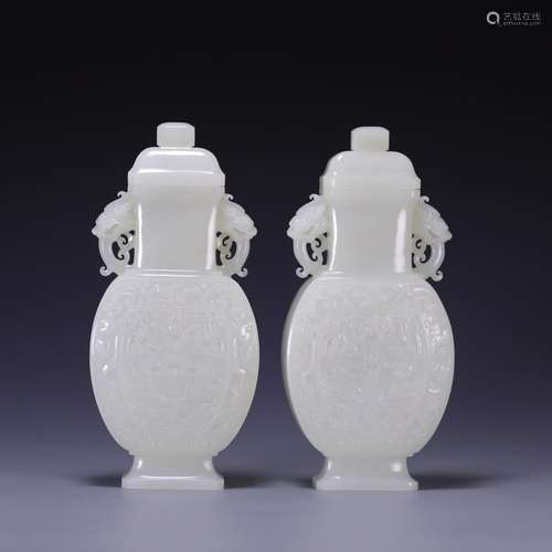 Hetian jade dragon vase with a pair of, size: 18.5 * * * * 8...