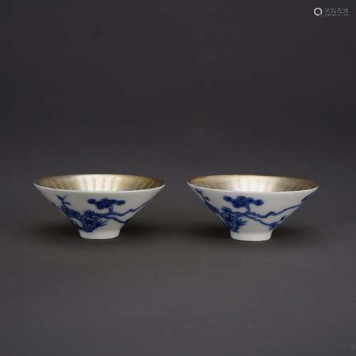 Blue and white floral cup a pair tasted silver gilding buddh...