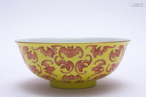 A yellow ground allite red glazed 'bats' bowl