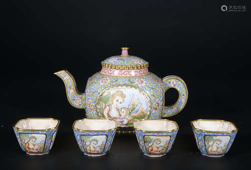 A set of enamel 'figure' teapot