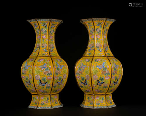 A pair of enamel 'floral and birds' vase