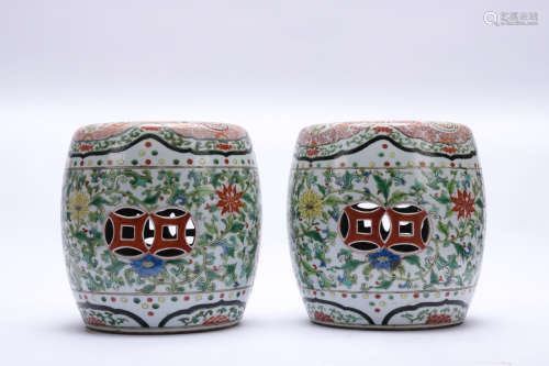 A pair of famille-rose 'floral' stool