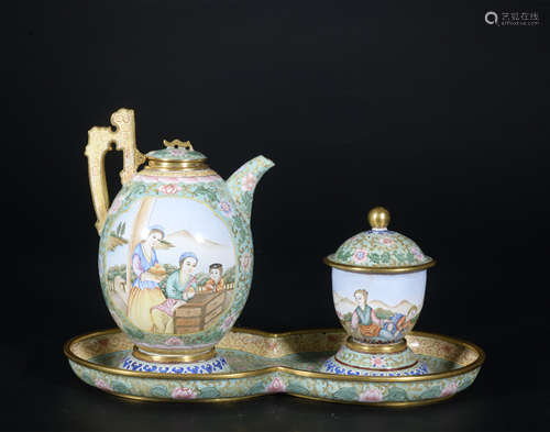 A set of enamel 'figure' teapot