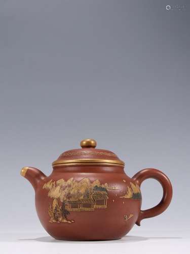 Purple paint landscape figure teapot.Specification: high 13 ...