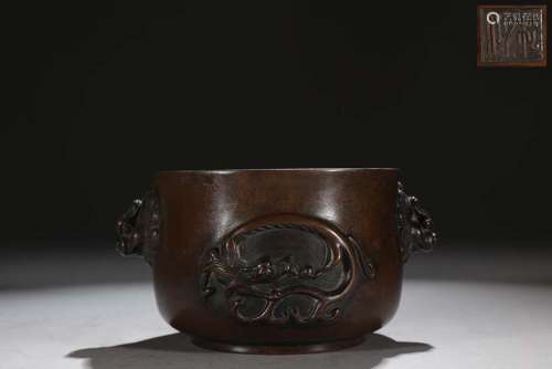 旧藏松月侣精铸铜胎螭龙纹狮首耳簋式炉