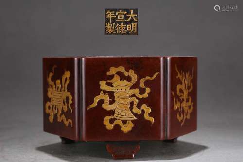 旧藏大明宣德精铸紫铜胎鎏金吉祥八宝纹六角炉