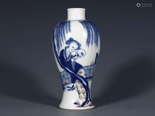 Blue and white had plum bottle.Size: 17 cm high, abdominal d...